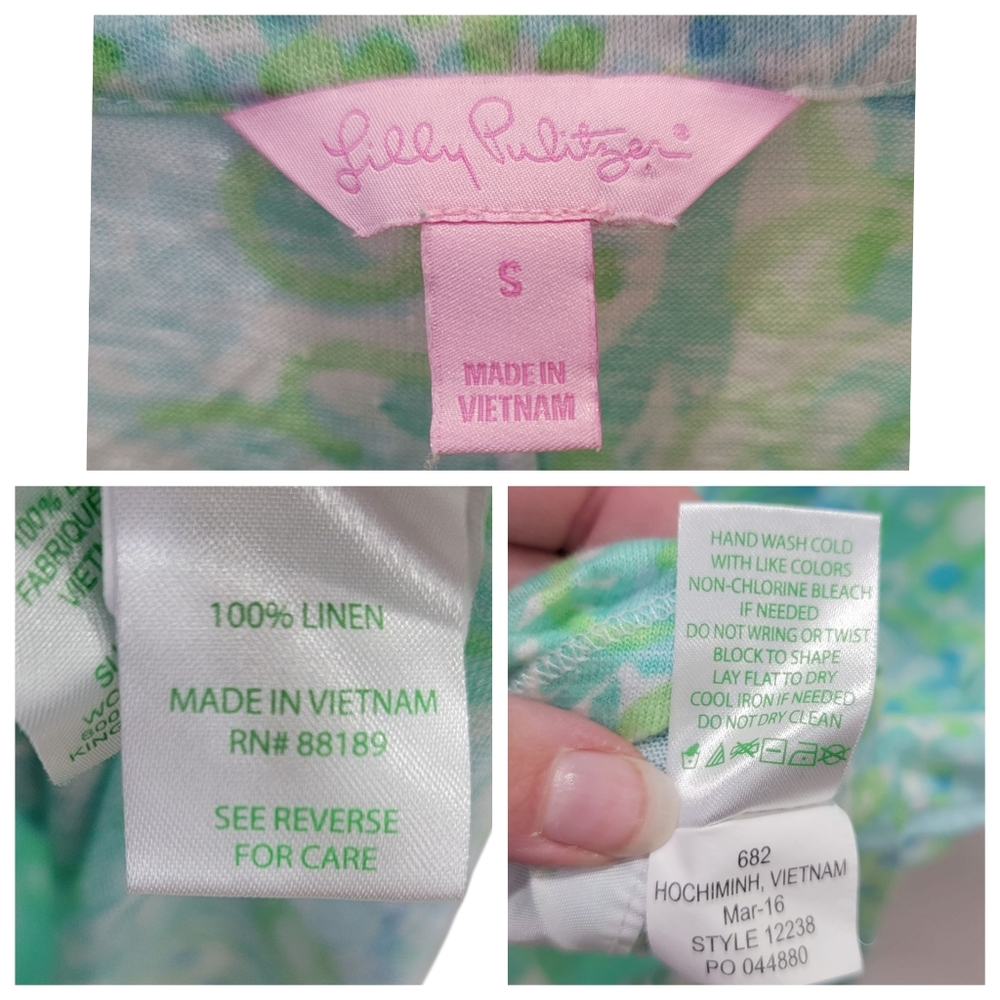 Lilly Pulitzer Linen Duval Notch Top Green Blue Cap Sleeve T-Shirt Women’s Small - Picture 9 of 15